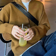 New Japanese Popular Men Cardigan Jacket Luxury Trendy Turtleneck Knitted Zip-up Long Sleeve Sweater Coat Premium Knitwear M-3XL voguable