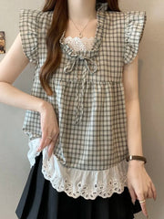 Lace Patchwork Plaid Shirt Women Casual Loose Flying Sleeve Vintage Blouse Preppy Style Sweet Korean Lady Retro Summer Tops voguable