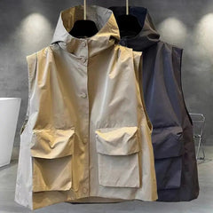 Voguable Workwear Cargo Vest Coat Couple Solid Color Hooded Outer Vest Autumn Korean Punk Pocket Hooded Jacket Unisex Loose Streetwear voguable
