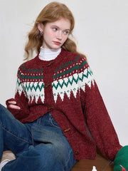 American Christmas Red Cardigan Women Vintage Lazy Wind Sweet Knitted Sweater Casual O Neck Long Sleeve Retro Harajuku Tops New voguable