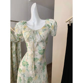 Voguable Elegant Puff Sleeve O-Neck Tie Women's Dress Summer Fashion Back Waist Print Dress Long Female Vestidos voguable