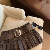 Voguable Y2K Leopard Mini Skirt Women Streetwear Belt High Waist Hottie Vintage Pleated Skirts American Retro Harajuku Fall Short Skirt voguable