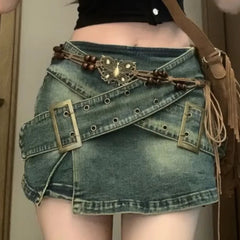 Voguable Vintage Oversize Washed Old Denim Skirts Women New Summer Spice Girl Irregular A- Line Wide Leg Female Blast Street Denim Skirt voguable