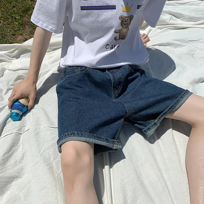 Voguable Summer Denim Shorts Men Fashion Retro Blue Denim Shorts Men Streetwear Korean Loose Straight Jeans Shorts Men Five Part Pants voguable