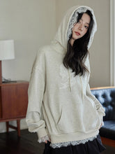 Lace Patchwork Cute Hoodies Women Loose Long Sleeve Bow Print Vintage Pullover Korean Casual Female Preppy Style Sweet Tops voguable