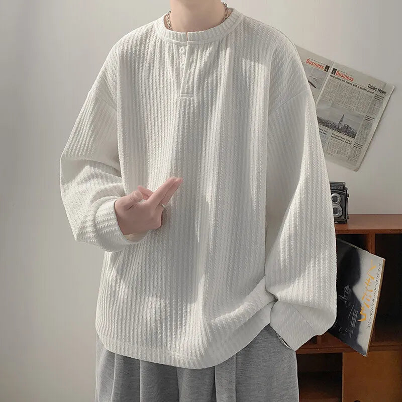 Long Sleeved T-shirt Men White Casual Round Neck T Shirt Men Streetwear Korean Loose Pleated T Shirt Mens Top Large Size 4XL voguable