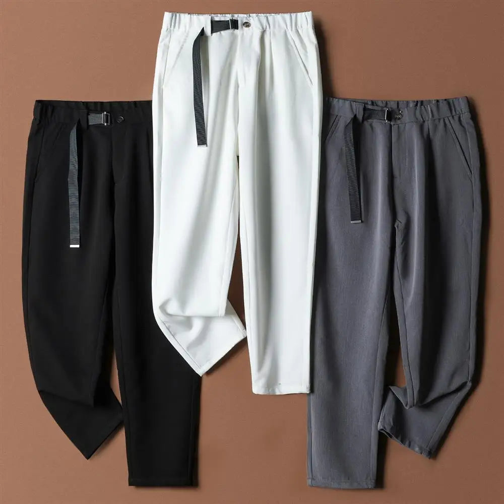 White Stretch Casual Ankle Pants Silhouette Men's Elegant Suit Pants Summer Korean Straight Loose Men's Smart Casual Trousers voguable
