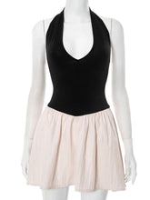 Halter V Neck Sexy Mini Dress Women Patchwork Contrast Colors Sleeveless Backless High Waist A-line Club Dress 2025 voguable