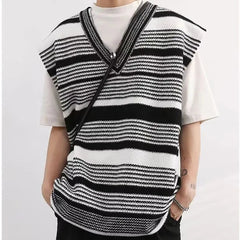 V-neck Striped Knitwear Men's Vest Autumn Pullover Sweater Sleeveless Blue Black voguable