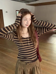 Slim Y2K Striped T Shirt Women Streetwear American Long Sleeve Retro Tees Fall Sexy U Neck Female Harajuku Vintage Tops New voguable