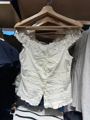 Ruffles White Basic Blouse Top for Woman Summer Folds Single Breasted Sleeveless Tank Tops Casual Cotton Vest Y2k Sweet Camisole voguable