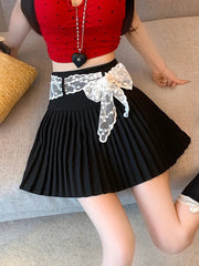 Lace Belt Pleated Skirt Women Sweet High Waist Sexy Mini Skirts Korean Fashion Casual Preppy Style Cute A Line Dance Skirt voguable