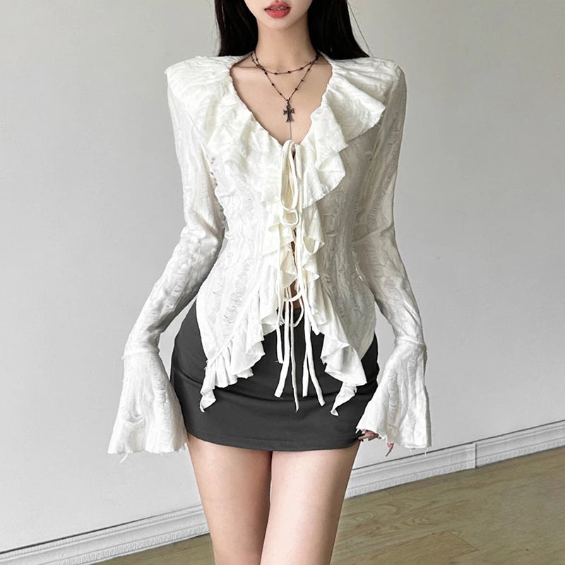 Fairycore Top White Clothes Women Gothic Ruffled V Neck Flared Long Sleeve Ripped Blouse Shirt y2k Aesthetic Clothing voguable