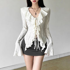 Fairycore Top White Clothes Women Gothic Ruffled V Neck Flared Long Sleeve Ripped Blouse Shirt y2k Aesthetic Clothing voguable