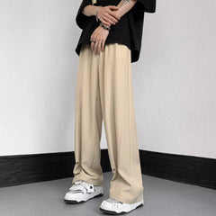 Summer Thin Mens Pants Elastic Waist Straight High-end Drape Niche Design Ice Silk Loose Casual Streetwear Men Wide Leg Pants voguable