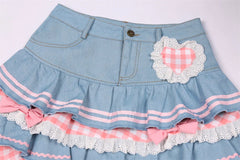Y2k Kawaii Denim Skirt Mini Party Sweet Ball Gown Aesthetic High Waist Skirts 4 Layer Ruffle Cake Skirts E Girls Summer Skater voguable