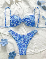 Voguable Strappy Thong Bikini Women Printed Floral Swimwear Female Sexy Swimsuit Bathers Bathing Swimming Swim Suit Beachwear voguable