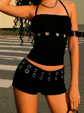 Voguable Sexy Sequined Hole Women Two Piece Short Sets Summer Fashion Black Goth Halter Cropped Tops and Low Waisted Shorts Outfits voguable