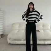 ZMZBCH Korean Style Autumn Striped Cropped Sweater Women Vintage Oversize Knit Jumper Female Long Sleeve O-neck Pullovers Tops voguable