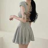 Voguable Korean Style Square Neck Backless Strap Dress Women Sweet Girlish Waist Cinching Casual A Line Short Skirt voguable