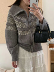 Print Retro Zipper Cardigan Women Loose Turtleneck Long Sleeve Korean Knitted Sweaters Vintage Female Casual Sweet Tops New voguable