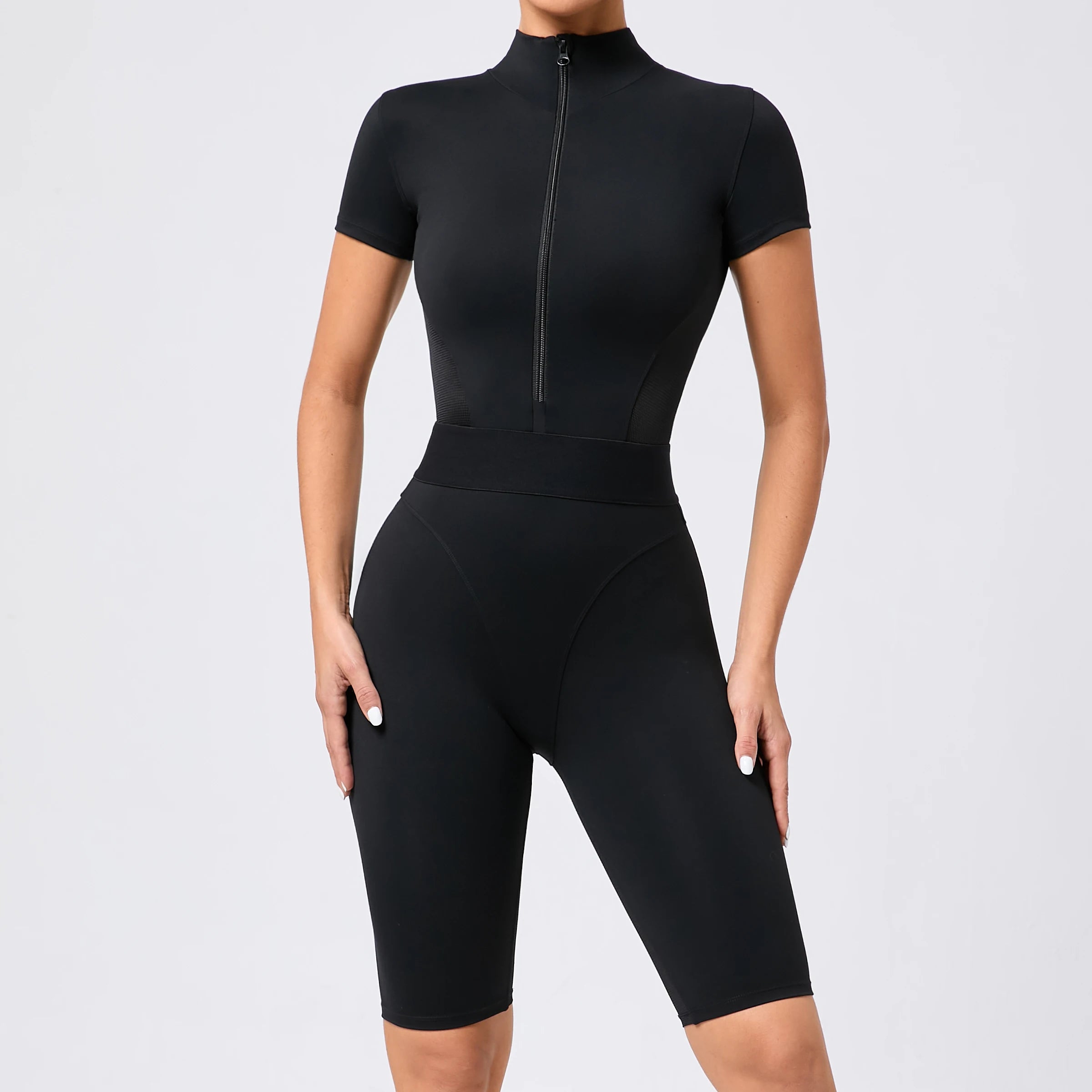 Voguable Women's One-Piece Suit Zipper Short Sleeve Gym Push Up Workout Clothes Fitness Short Bodysuit Sportswear Jumpsuits voguable