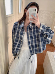 Blue Plaid Shirt for Women Autumn Korean Loose Drawstring Long Sleeve Female Tops Y2K Retro Preppy Single Breasted Blouse Ladies voguable