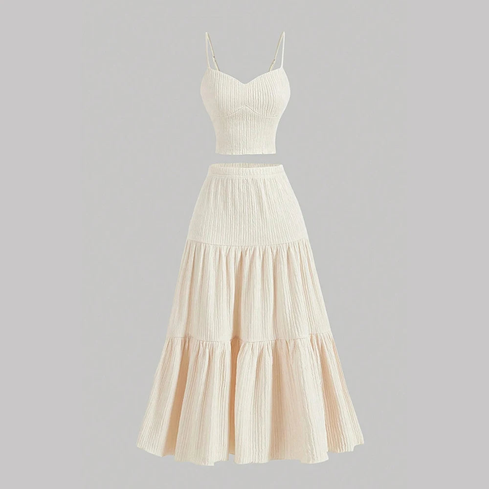 Sets Summer Simple Decent Solid Color Screw Thread Sleeveless Sweetheart Neck High Waist Pleated Skirt Sets For Women voguable