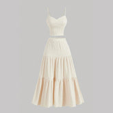 Sets Summer Simple Decent Solid Color Screw Thread Sleeveless Sweetheart Neck High Waist Pleated Skirt Sets For Women voguable