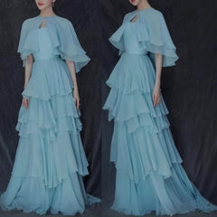 Light Blue A Line Prom Dresses Ruffles Tiered Women Customized Evening dresses Arabic Party Special Occasion Dress voguable