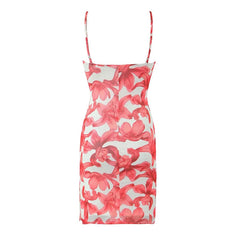 YENKYE Sexy Women Floral Print Sling Mesh Dresses Thin Straps Skinny Slim Waist Hem Slit Bodycon Mini Dress Summer Robe voguable