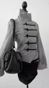 Voguable Women's Gothic Jacket Retro Washed Canvas Stand Collar Frog Button Y2K Punk Street Coat voguable