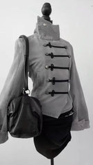 Voguable Women's Gothic Jacket Retro Washed Canvas Stand Collar Frog Button Y2K Punk Street Coat voguable