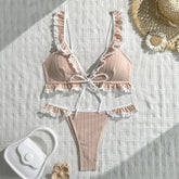 Voguable Women Solid Ribbed Textured Bikini Set with White Lace Ruffle Trim Lace-up Straps Tie Front 2 Piece Swimwear Outfit Bathing Suit voguable
