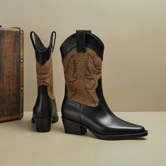 Retro Western Women Mid-Calf Boots Genuine Leather High Quality Shoes Woman Fashion Sewing Casual Office Lady Autumn Winter voguable