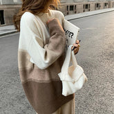 Voguable Color Blocked Loose Casual Stand Collar Women's Mid To Long Knitted Sweater Autumn Winter New Lazy Style Soft Pullover Lady Tops voguable