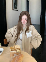 Sweet Bow Korean Jacket Women Fall Preppy Style Cute Long Sleeve Coat Vintage Casual O Neck Loose Female Pockets Tops New voguable