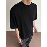 Men Cotton Short Sleeve Tshirt Breathable Soft Round Semi High Neck Solid Color Summer Comfort Casual Tee Lightweight Top voguable