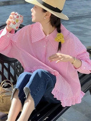 Vintage Black Plaid Shirt Women Loose Sweet Preppy Style Long Sleeve Blouse Fall Casual Retro Cute All Match Female Tops New voguable