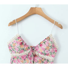 New Women Lace Spliced Floral Print Spaghetti Strap Sexy Dress Sleeveless V Neck Female Holiday Summer Dress Short voguable