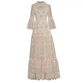 Stand Collar Flared Sleeves Dress 2025 New Sequins Nail Bead Mesh Embroidery Long Dresses Female voguable