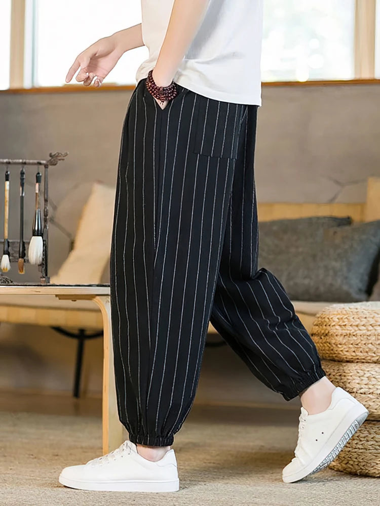 Voguable Summer Stripe Casual Jogger Pants Men Ice silk Baggy Trousers Male Walking Wide leg Loose Sweatpants Streetwear voguable