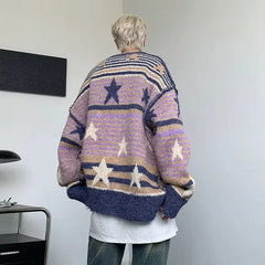 Voguable Y2K Star Sweater Men Harajuku Striped Knitted Pullovers Jumpers Male Tops Oversize Purple Winter Streetwear Hip Hop voguable