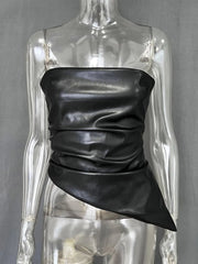 Mozision Off-shoulder Strapless PU Leather Sexy Tops Women Fashion Zipper Backless Sleeveless Ruched Irregular Club Crop Tops voguable