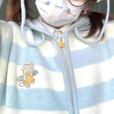 Voguable Striped Knit Hooded Cardigan Women Puppy Embroidery Sweet Preppy Loose Sweater Japanese Cute Lace Up Hairball Patchwork Tops New voguable