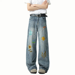 Jeans Men Washed Embroidered Jeans Loose Fit Straight Wide Leg Casual Denim Pants Fashion Trendy Streetwear Trousers Comfort voguable