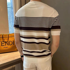 Men's Clothing Light Luxury Business Striped T-shirt Casual Slim Knitted O Neck Short Sleeve T-shirt High Quality Patchwork Tops voguable