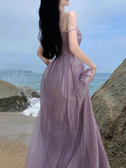 Voguable Summer Purple Fairy Evening Party Long Dress Women Vintage Sexy Dresses Ladies Spaghetti Strap Tulle Pleated Dress Backless New voguable