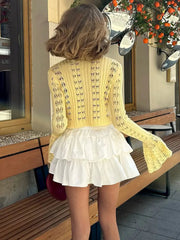 Knitwear Hollow Out Sweater Cardigan Women V-Neck Long Sleeve See-Through Cropped Top Summer Knit Patchwork Cardigan Top voguable