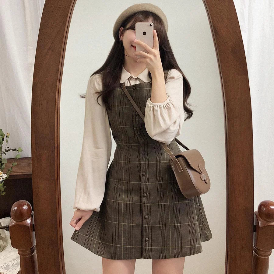 Voguable Cute Mini New Year Date Dresses Sleeveless Vest Women Korea Japanese Style Design Retro Vintage Plaid Button Shirt Dress voguable